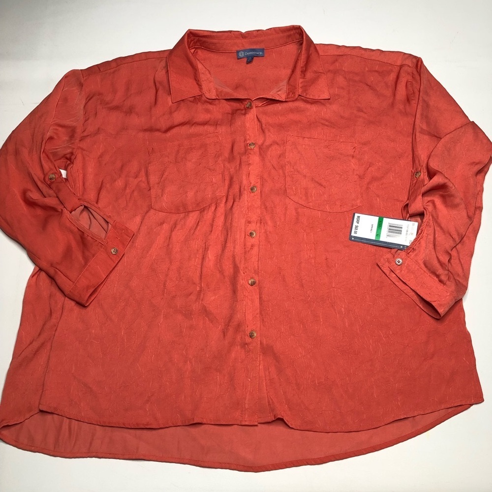 Democracy Womens Button Down Blouse 3/4 Button Sleeve L, Coral Crinkle Flowy